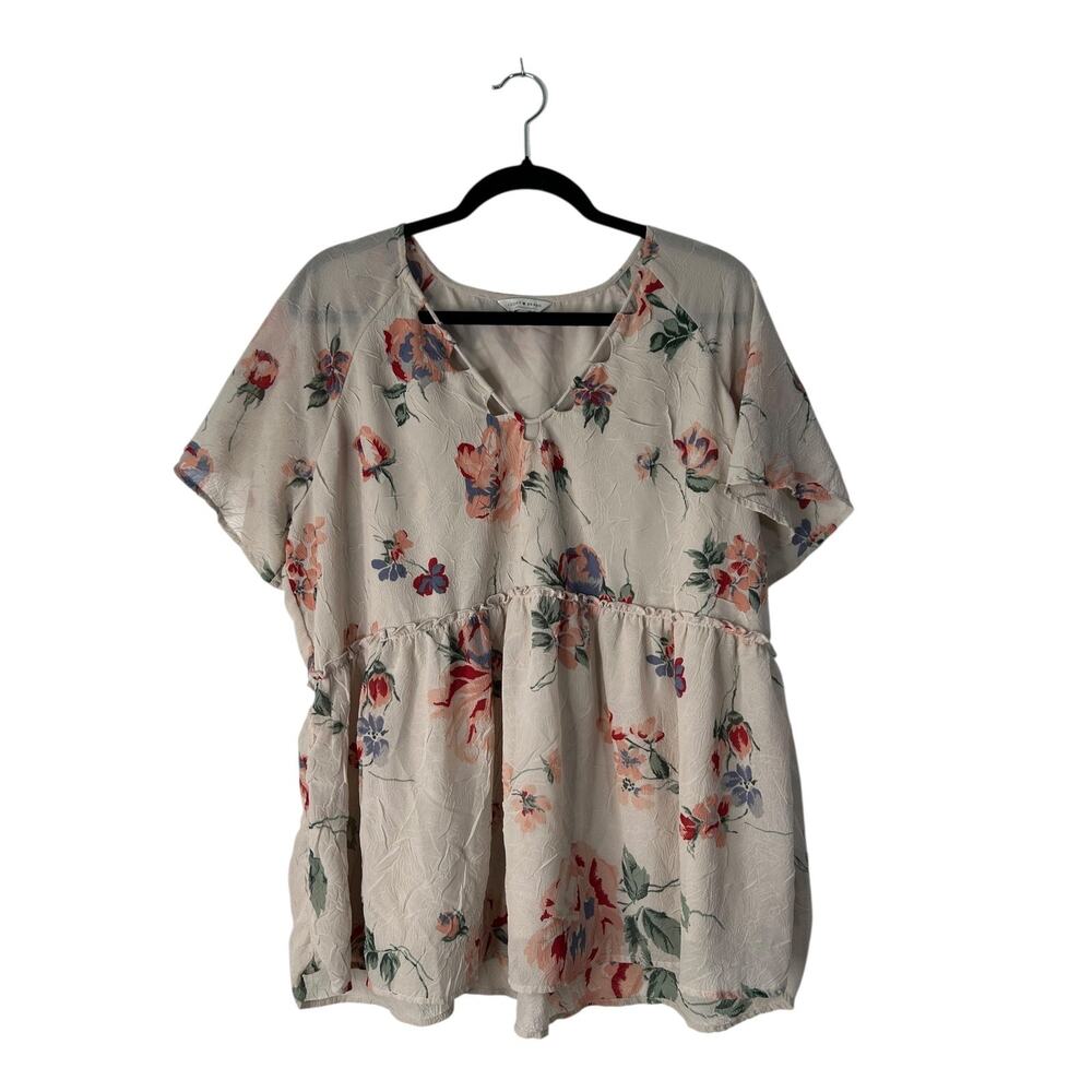 Lucky Brand Babydoll Top Size 1X Light‎ Pink Floral V-Neck Flutter Sleeve Boho